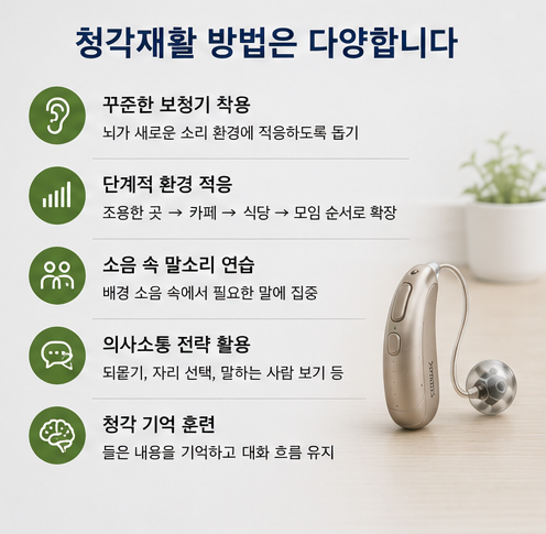 보청기만 착용하면 소음 속 대화가 바로 좋아질까요? +청각재활!